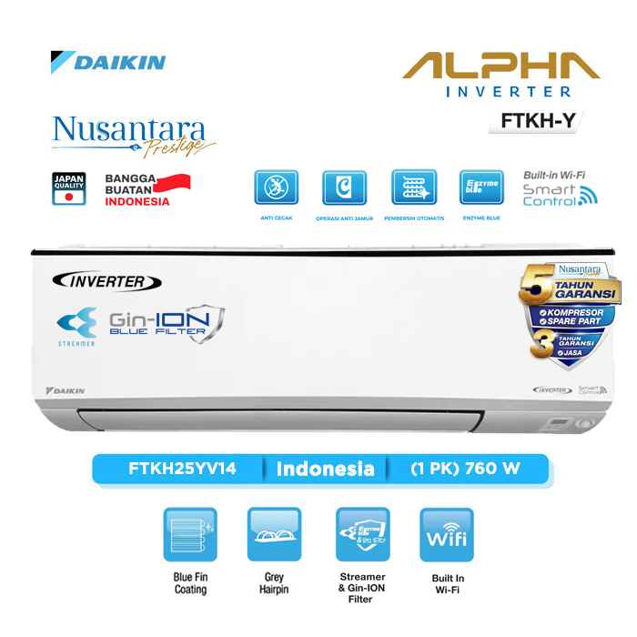 Daikin AC Wall Mounted Split Alpha Inverter 1 PK - FTKH25YV14